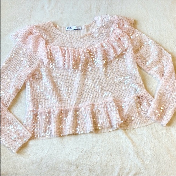 Zara Petal Pink Sequin Ruffle Blouse Medium Party Date Holidays - Picture 5 of 8